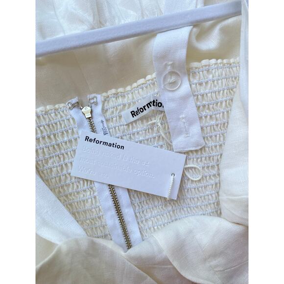 Reformation Dolci Linen White Corset Smocked Midi Ruffle Hem Dress 6 NWT - Picture 11 of 14